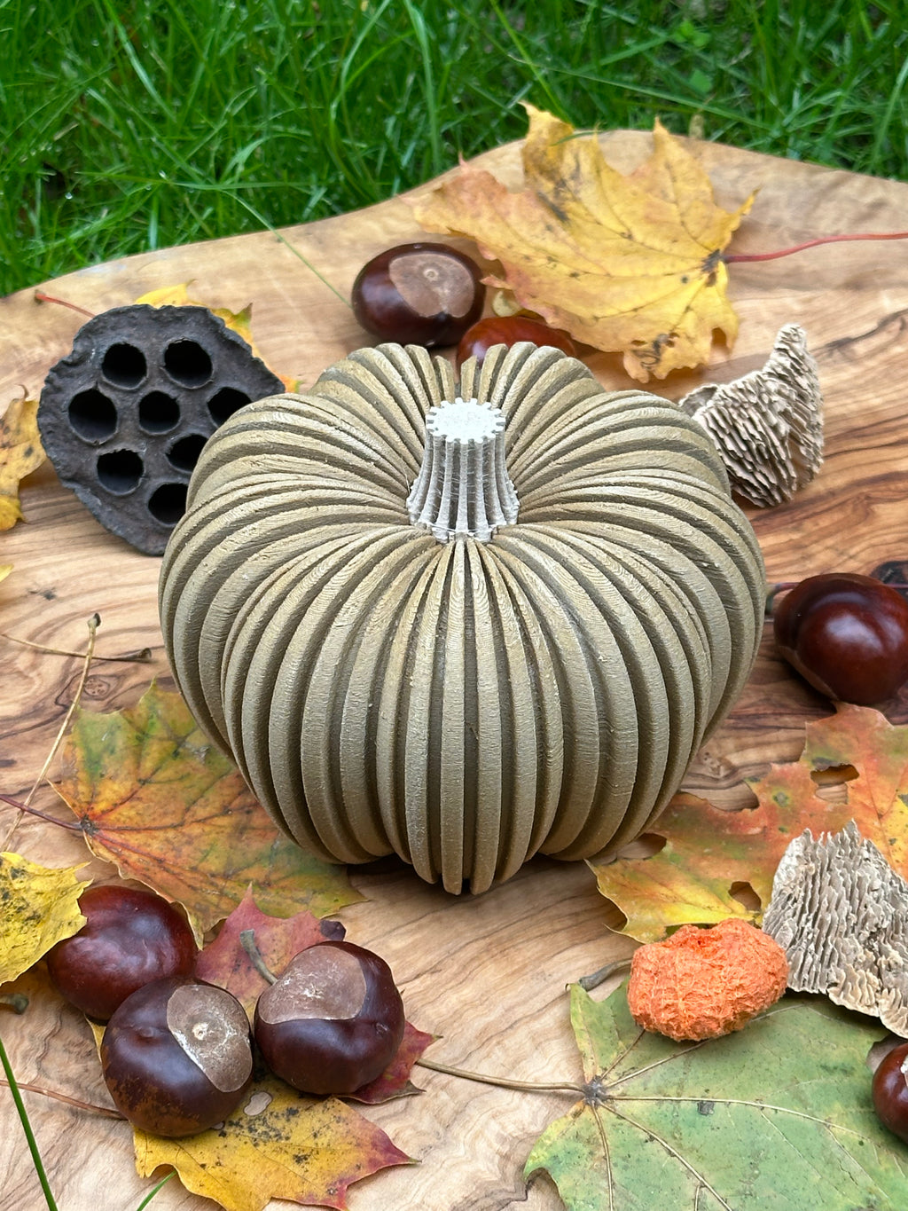 3D-gedruckter Kürbis aus Holzfaser, nachhaltige Herbstdeko von deeKORE.