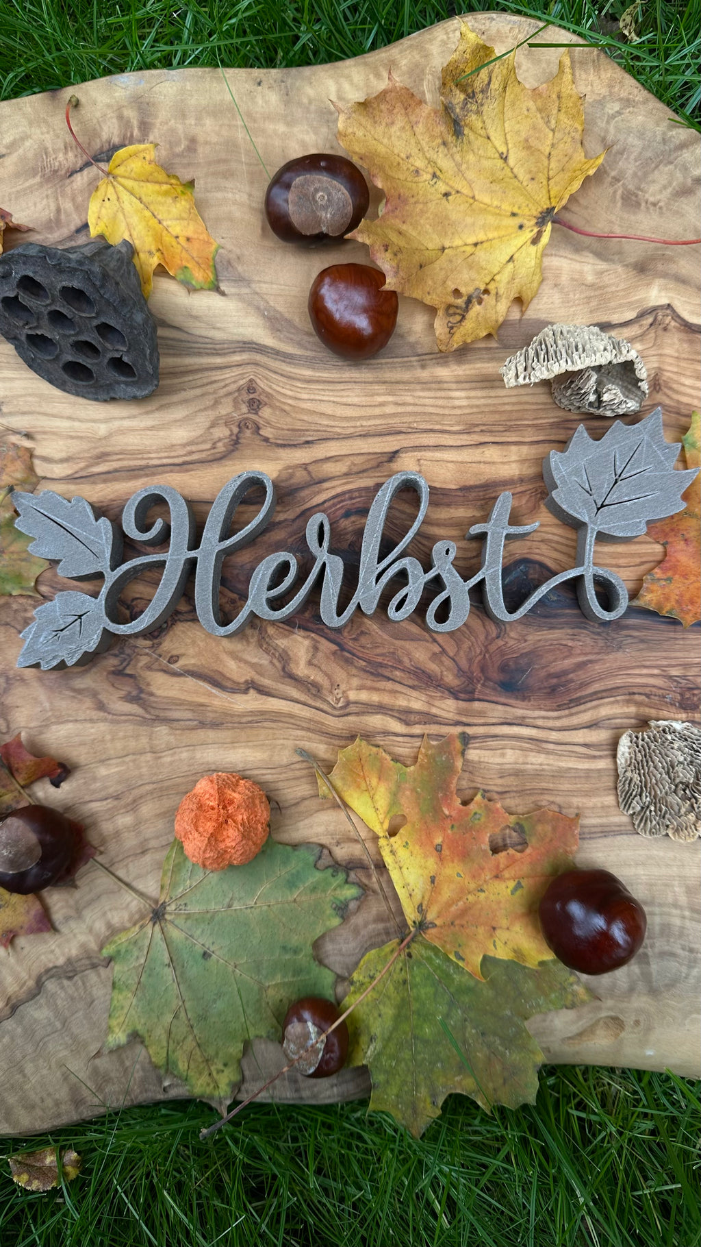 3D-gedruckter Herbst-Schriftzug aus Holzfaser, natürliche Wohn- und Wanddekoration.