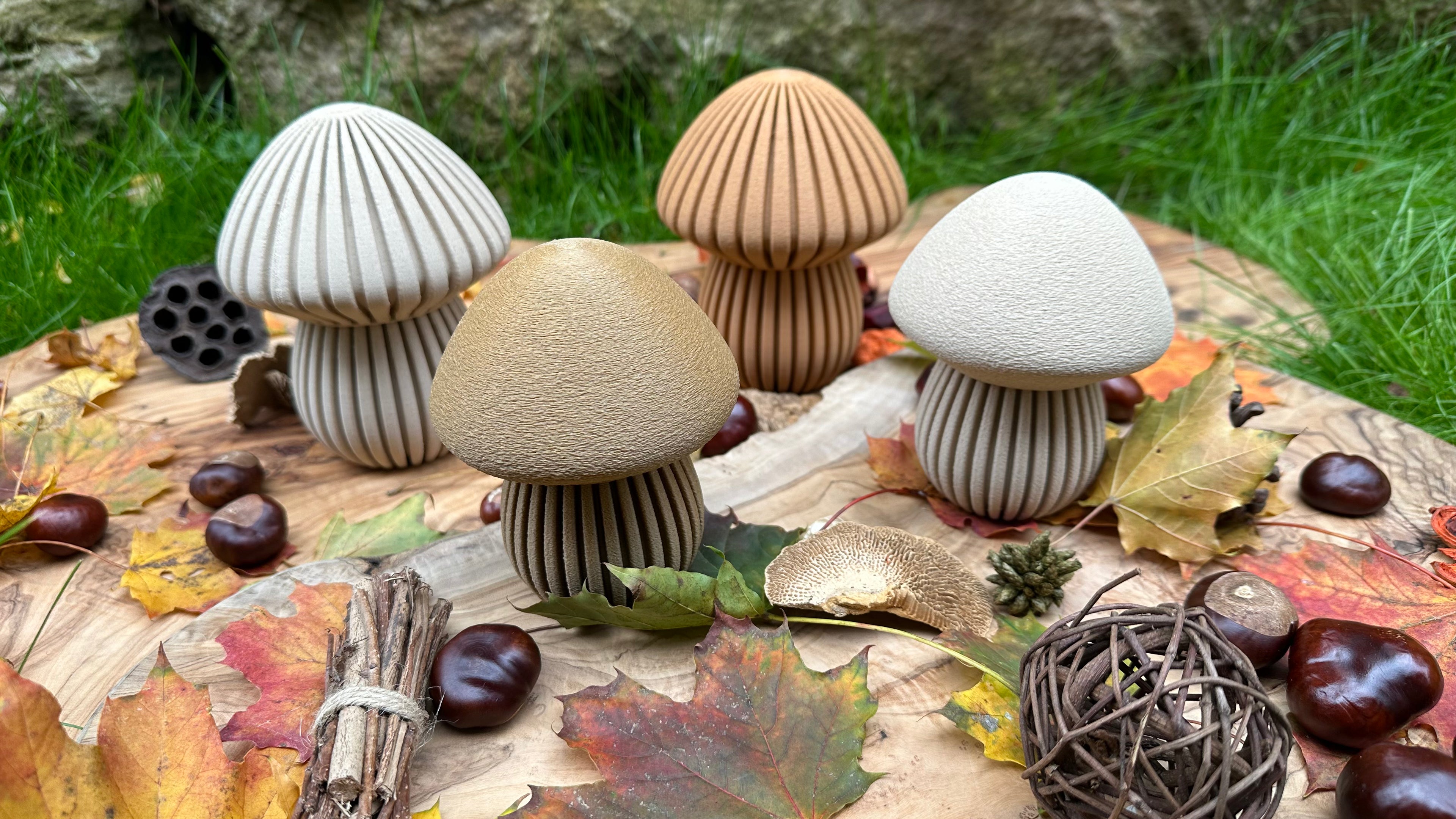 Waldwunder-Pilze aus Holzfaser, handwerklich gefertigte 3D-Druck Deko.