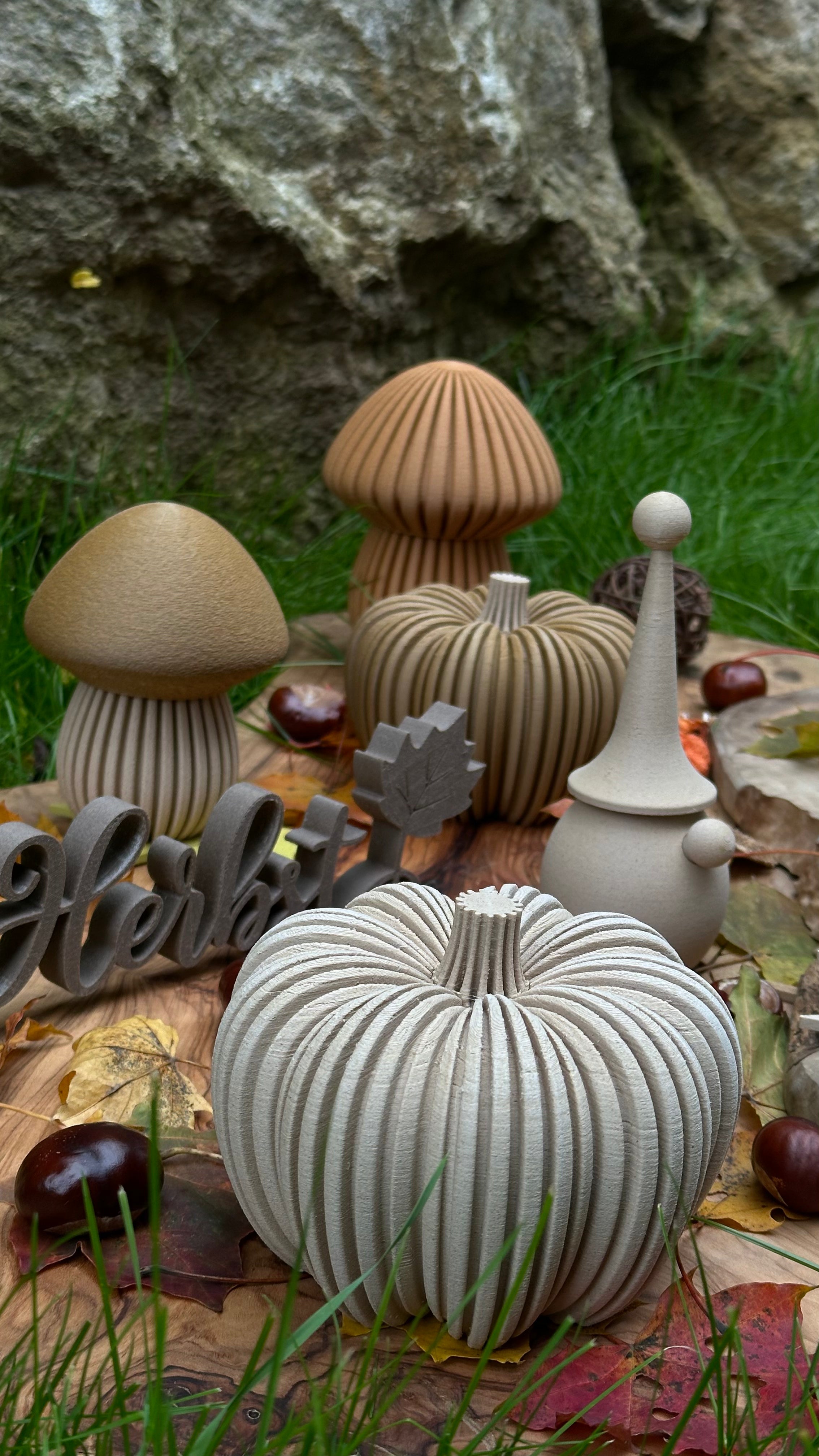 Waldwunder-Pilze aus Holzfaser, handwerklich gefertigte 3D-Druck Deko.